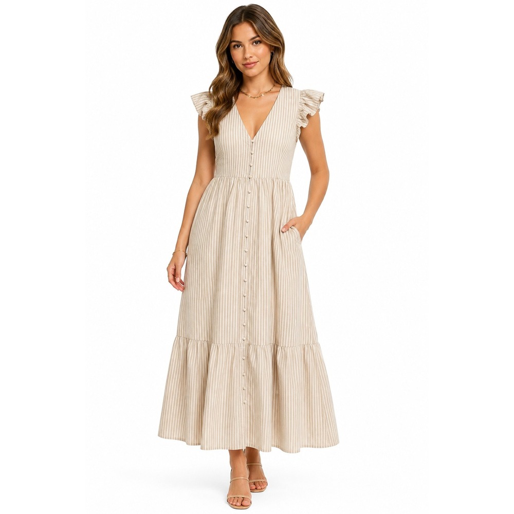 Sugarlips Storie Flutter Sleeve Dress Beige Stripe Maxi Button Front XS NWT
